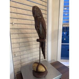 Metal  Parrot Sculpture Or Macaw  Rustic On Perch With River Rock